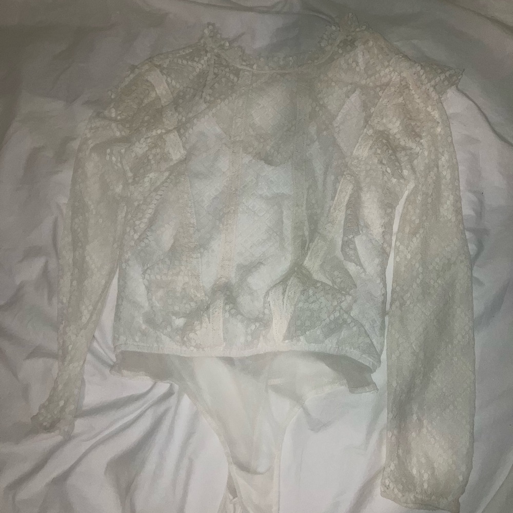 FREE PEOPLE Goldie white lace bodysuit top shirt sz XS intimately FP high collar - Picture 7 of 7